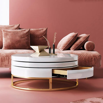 White Round Modern Wood Swivel Coffee Table with Storage Drawer in Gold